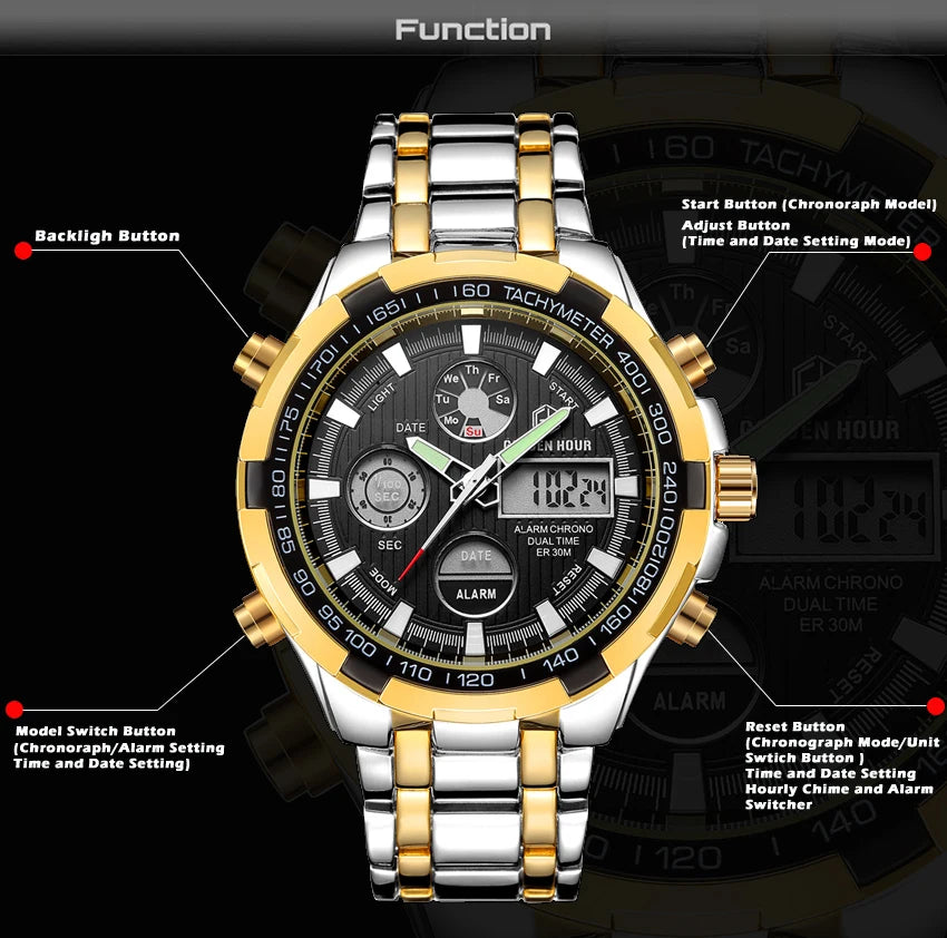 WATCH ~ GOLDENHOUR BRAND ANALOG QUARTZ WATCH ~ SPORT WATCHES ~ FULL STEEL MILITARY CLOCK WATERPROOF MALE WATCH