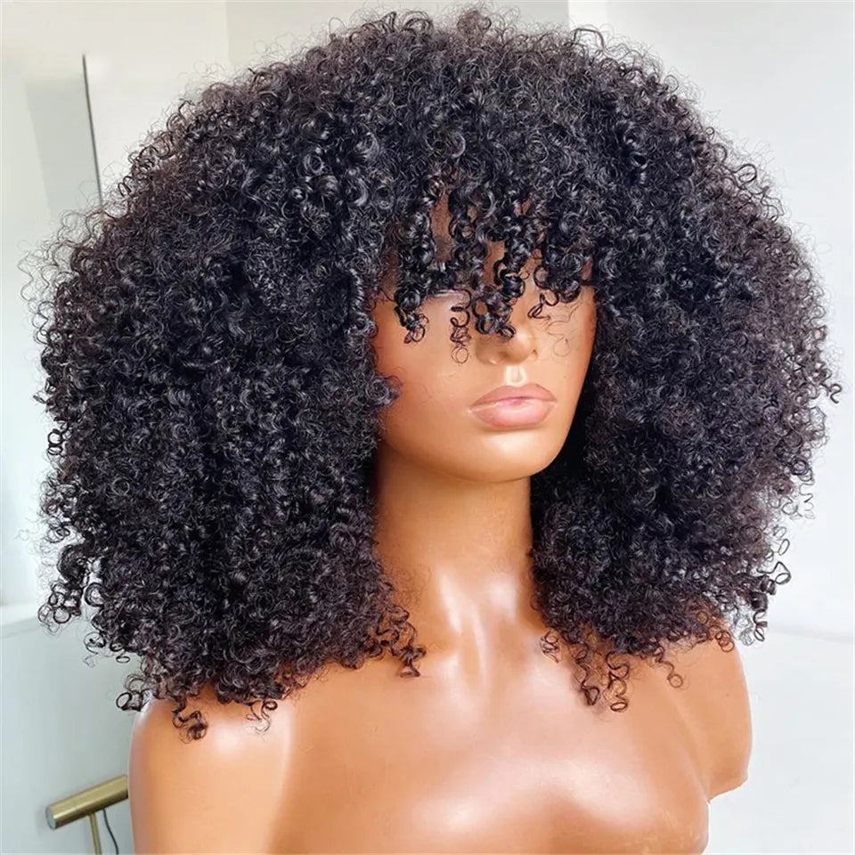 HAIR WIG ~ KINKY CURLY BRAZILIAN HUMAN HAIR WIGS WITH BANGS ~ GLUELESS ~ 10-22INCHES