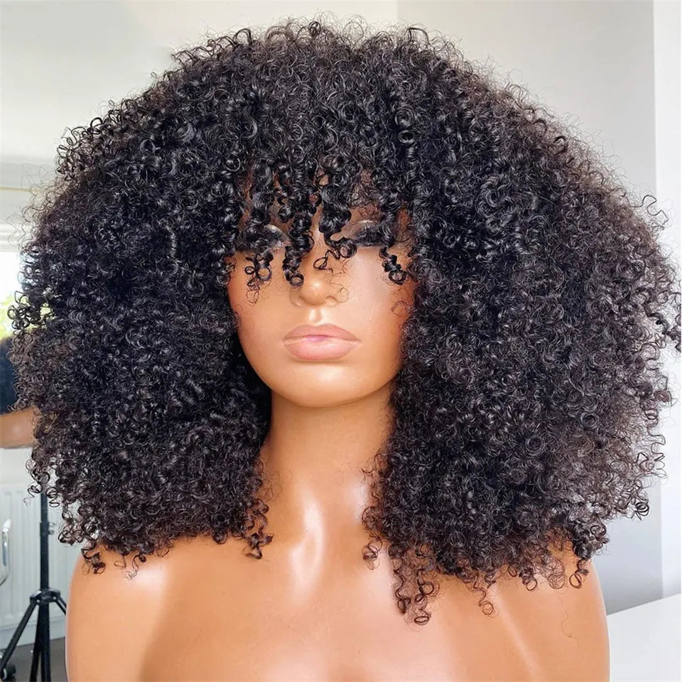HAIR WIG ~ KINKY CURLY BRAZILIAN HUMAN HAIR WIGS WITH BANGS ~ GLUELESS ~ 10-22INCHES