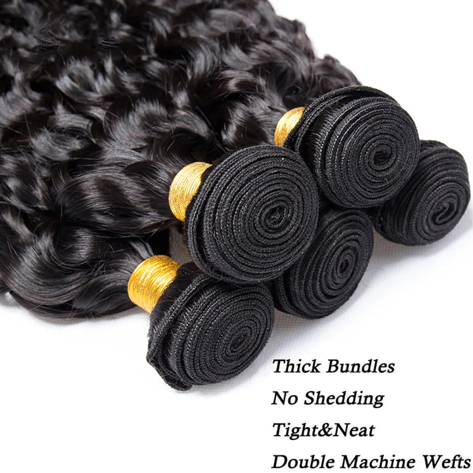 HAIR BUNDLES ~ PERUVIAN WATER WAVE BUNDLES WITH CLOSURE CURLY 3 BUNDLES WITH CLOSURE LONG WET AND WAVY HUMAN HAIR BUNDLES WITH CLOSURE