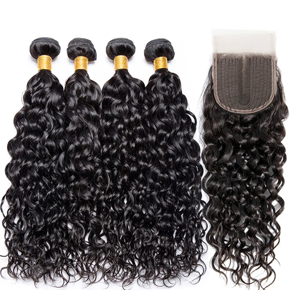 HAIR BUNDLES ~ PERUVIAN WATER WAVE BUNDLES WITH CLOSURE CURLY 3 BUNDLES WITH CLOSURE LONG WET AND WAVY HUMAN HAIR BUNDLES WITH CLOSURE