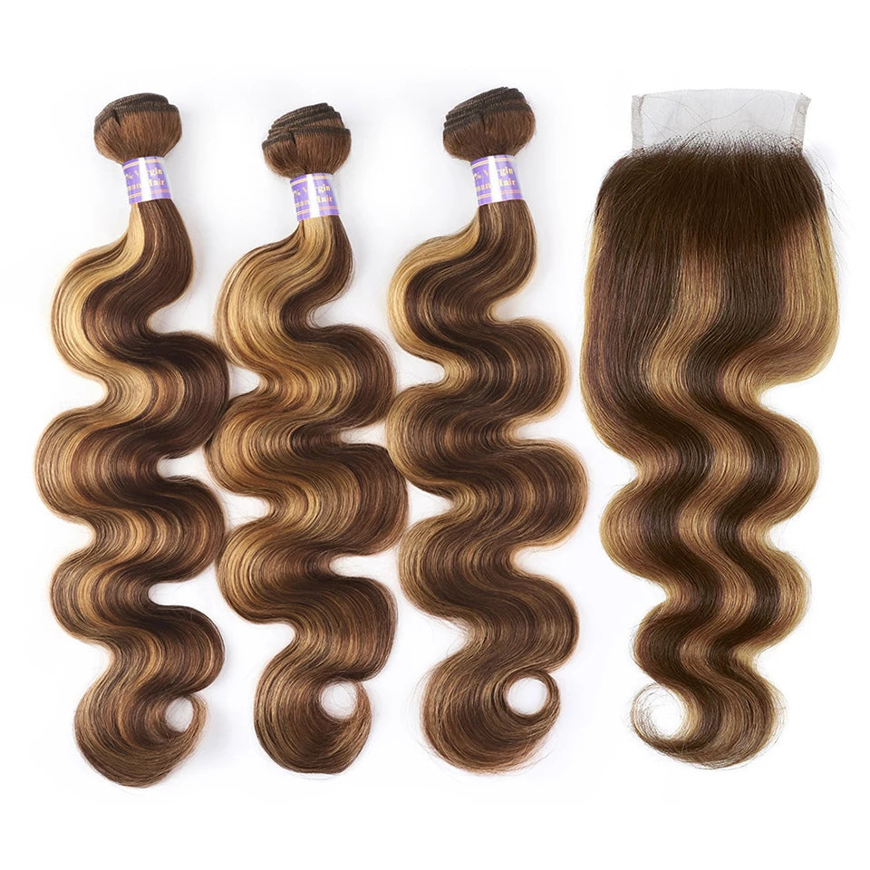 HAIR BUNDLES ~ 5X5 CLOSURE WITH HIGHLIGHT BUNDLES WITH CLOSURE TRANSPARENT P4/27 OMBRE HONEY BLONDE BODY WAVE BUNDLES