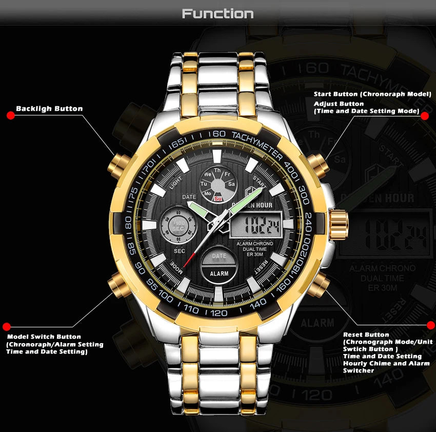 WATCH  ~ GOLDENHOUR BRAND ANALOG QUARTZ WATCH ~  SPORT WATCHES ~ FULL STEEL MILITARY CLOCK WATERPROOF MALE  WATCH