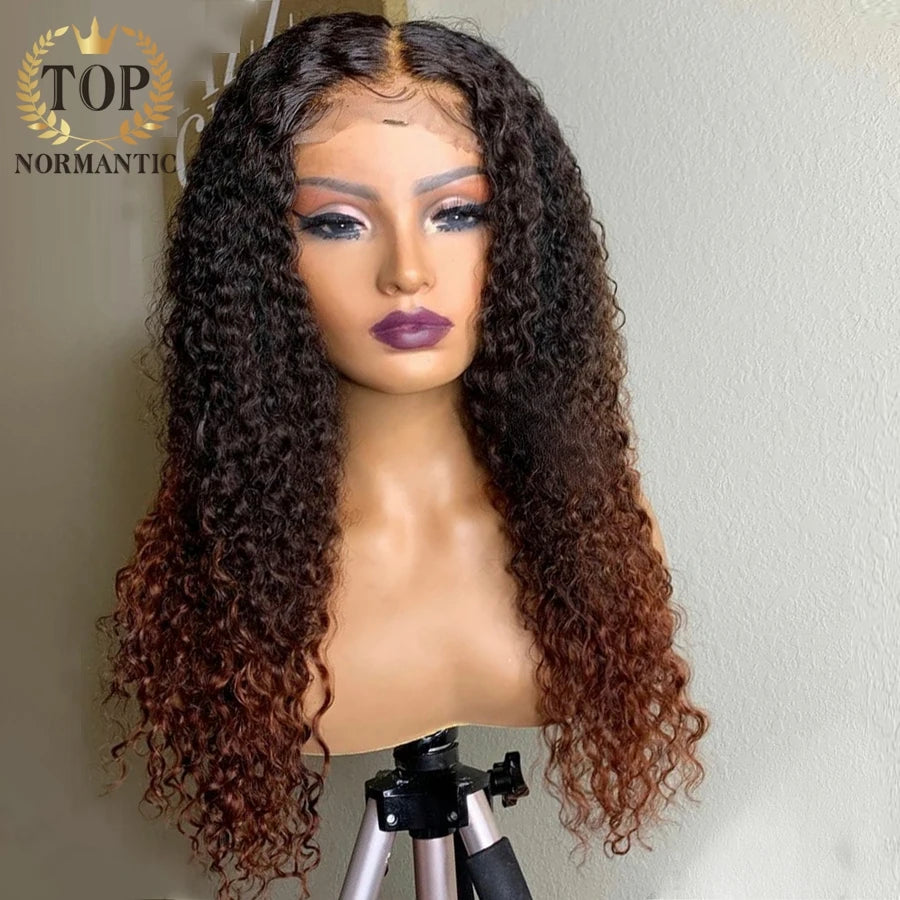 HAIR WIG ~ TOPNORMANTIC OMBRE BROWN COLOR REMY HUMAN HAIR 13X4 LACE FRONT WIG 5X5 CLOSURE DEEP CURLY WIG PREPLUCKED HAIRLINE ~ 150% DENSITY