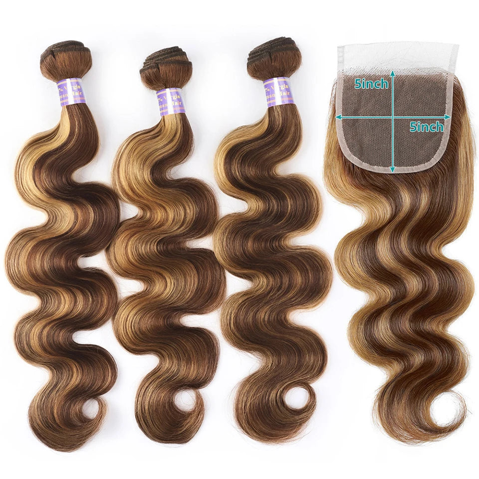 HAIR BUNDLES ~ 5X5 CLOSURE WITH HIGHLIGHT BUNDLES WITH CLOSURE TRANSPARENT P4/27 OMBRE HONEY BLONDE BODY WAVE BUNDLES