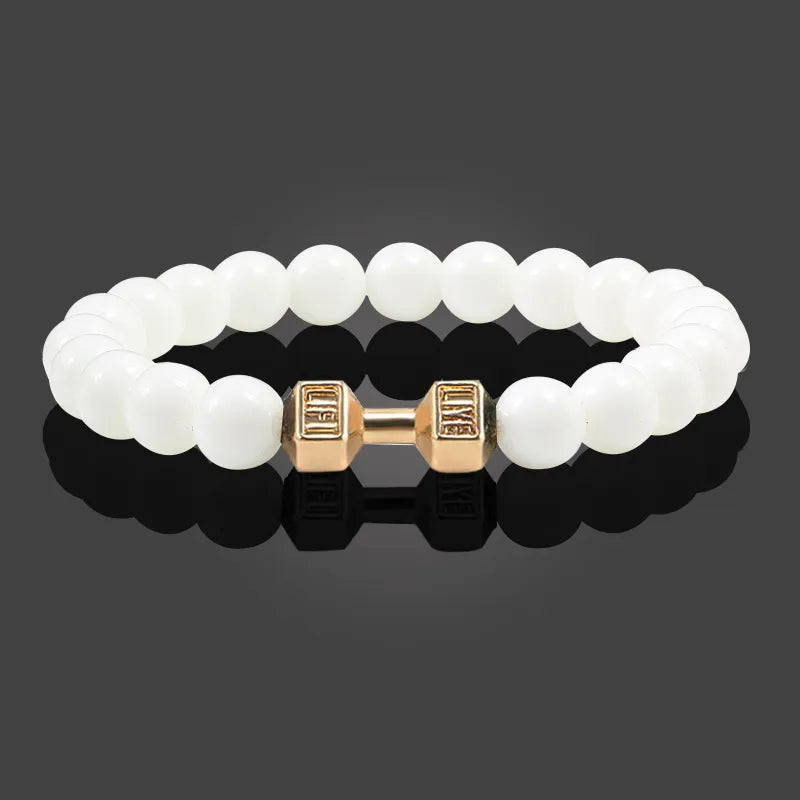 NATURAL VOLCANIC STONE BRACELET MEN MATTE BLACK LAVE WHITE BEADS CHARM DUMBBELL STRAND BRACELETS