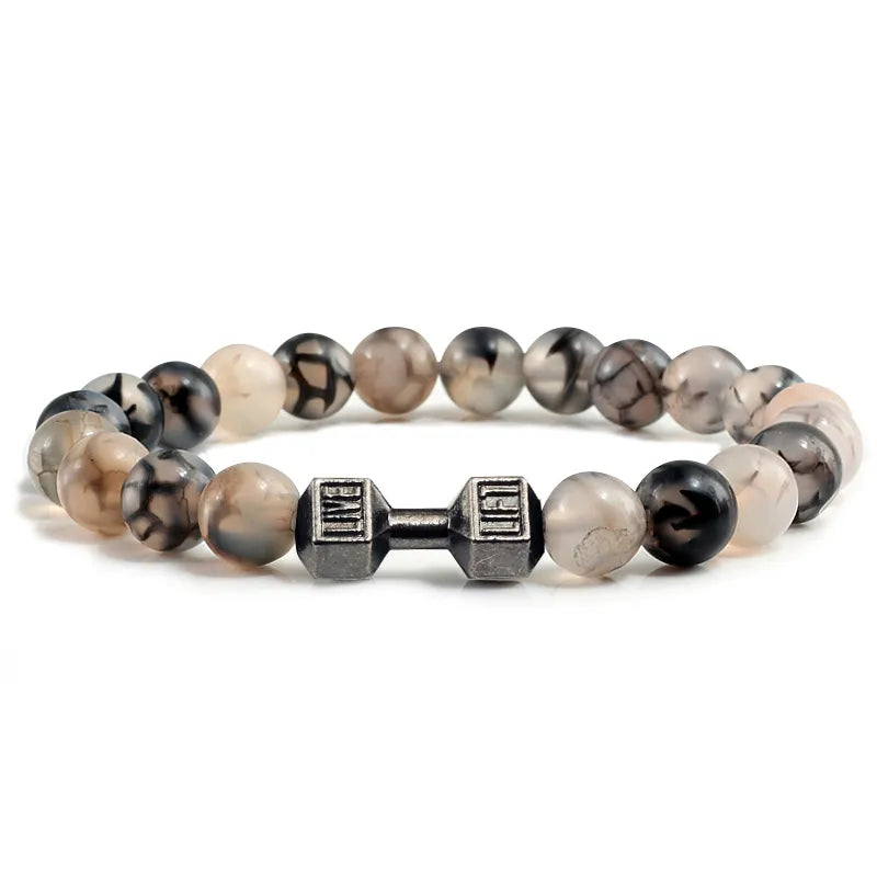 NATURAL VOLCANIC STONE BRACELET MEN MATTE BLACK LAVE WHITE BEADS CHARM DUMBBELL STRAND BRACELETS