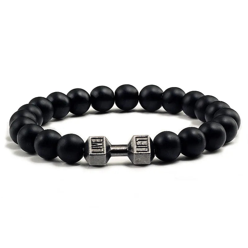 NATURAL VOLCANIC STONE BRACELET MEN MATTE BLACK LAVE WHITE BEADS CHARM DUMBBELL STRAND BRACELETS