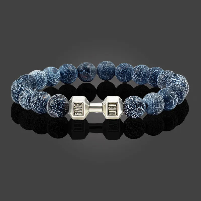 NATURAL VOLCANIC STONE BRACELET MEN MATTE BLACK LAVE WHITE BEADS CHARM DUMBBELL STRAND BRACELETS