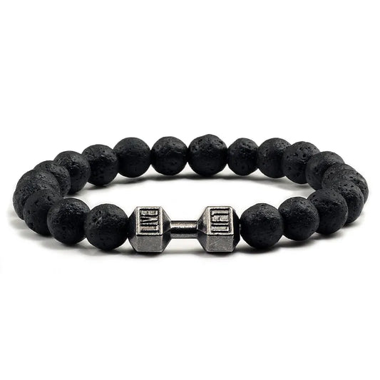 NATURAL VOLCANIC STONE BRACELET MEN MATTE BLACK LAVE WHITE BEADS CHARM DUMBBELL STRAND BRACELETS