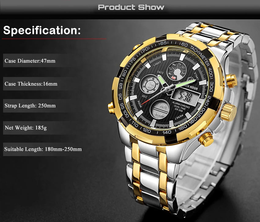 WATCH  ~ GOLDENHOUR BRAND ANALOG QUARTZ WATCH ~  SPORT WATCHES ~ FULL STEEL MILITARY CLOCK WATERPROOF MALE  WATCH