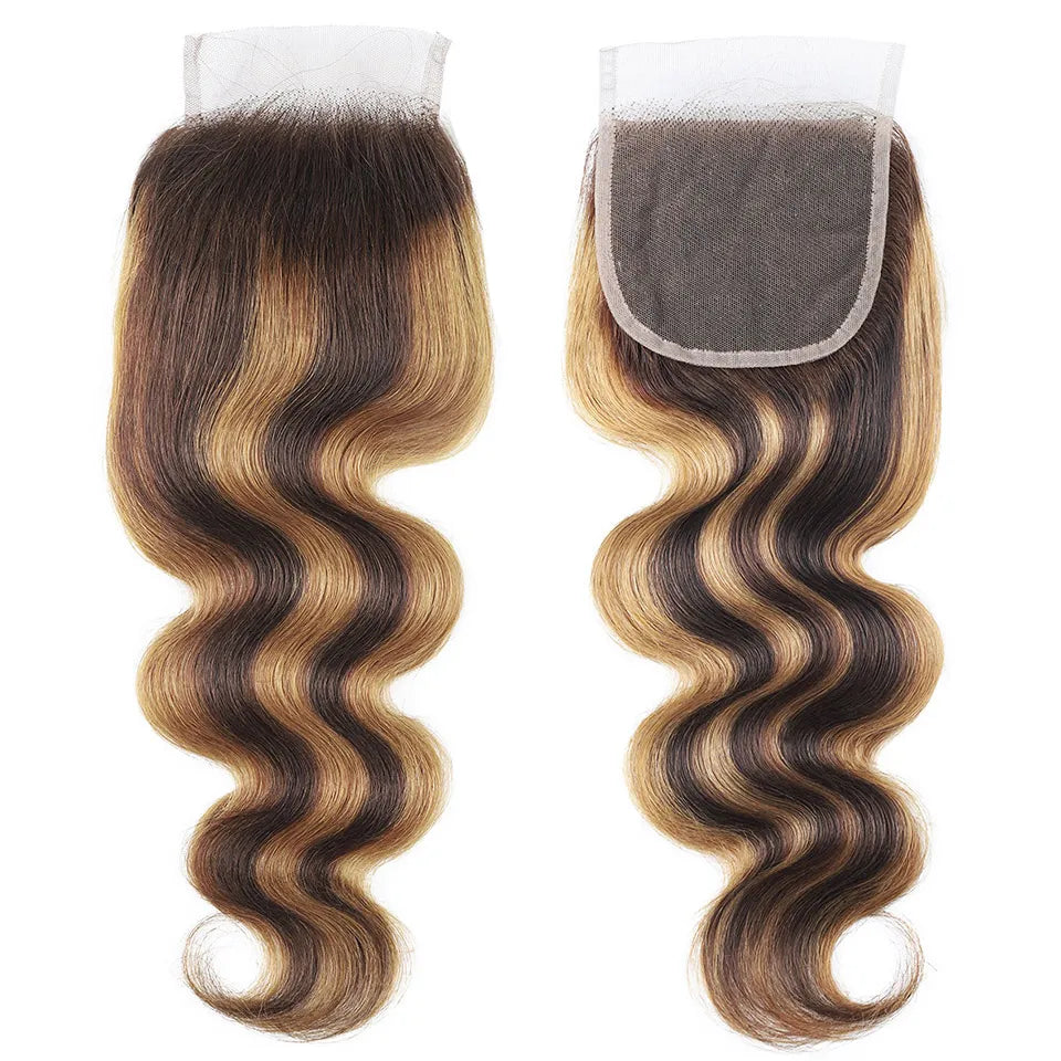 HAIR BUNDLES ~ 5X5 CLOSURE WITH HIGHLIGHT BUNDLES WITH CLOSURE TRANSPARENT P4/27 OMBRE HONEY BLONDE BODY WAVE BUNDLES