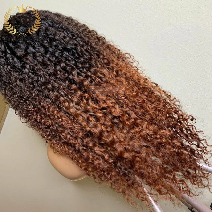 HAIR WIG ~ TOPNORMANTIC OMBRE BROWN COLOR REMY HUMAN HAIR 13X4 LACE FRONT WIG 5X5 CLOSURE DEEP CURLY WIG PREPLUCKED HAIRLINE ~ 150% DENSITY