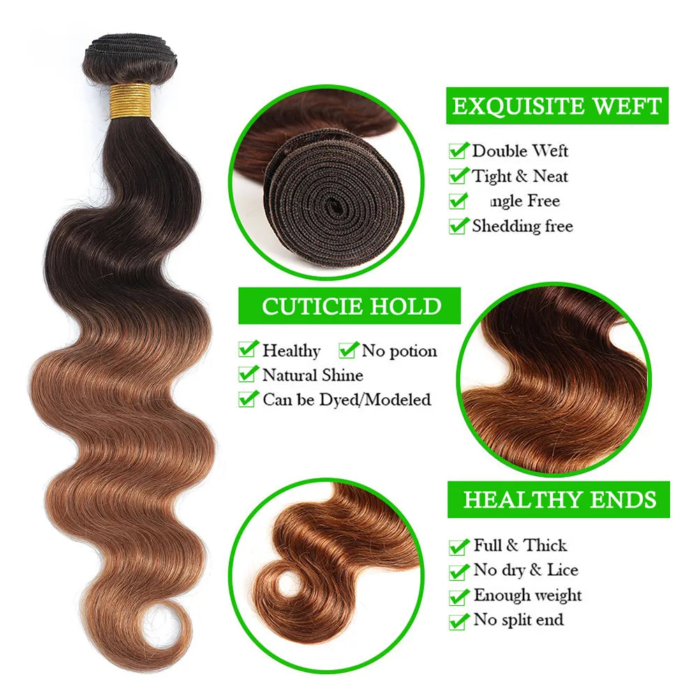 HAIR BUNDLES ~ COLORED BUNDLES WITH HD LACE CLOSURE BODY WAVE BRAZILIAN HUMAN HAIR #4/30HL