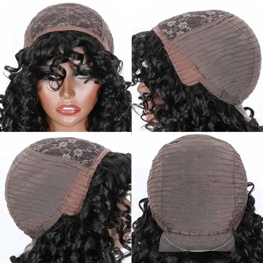 HAIR WIG ~ Short Curly Bob Wig Human Hair With Bangs  ~ Wear And Go Glueless