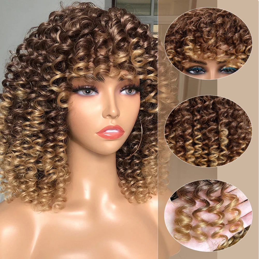 HAIR WIG ~ SHORT AFRO KINKY CURLY WIG WITH BANGS ~ SYNTHETIC OMBRE GLUELESS