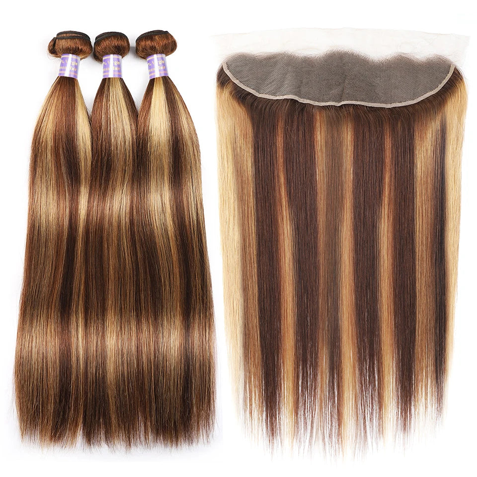 HAIR BUNDLES ~ REMY HIGHLIGHT BUNDLES WITH FRONTAL BONE STRAIGHT BUNDLES WITH 13X4 LACE FRONTAL OMBRE HONEY BLONDE BUNDLES WITH CLOSURE