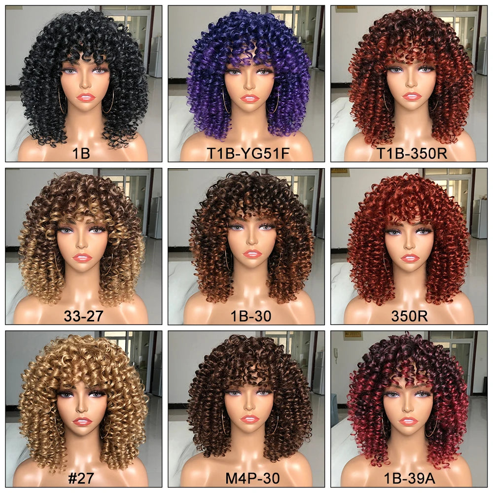 HAIR WIG ~ SHORT AFRO KINKY CURLY WIG WITH BANGS ~ SYNTHETIC OMBRE GLUELESS