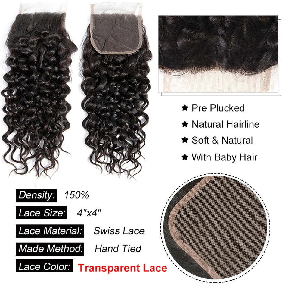 HAIR BUNDLES ~ PERUVIAN WATER WAVE BUNDLES WITH CLOSURE CURLY 3 BUNDLES WITH CLOSURE LONG WET AND WAVY HUMAN HAIR BUNDLES WITH CLOSURE