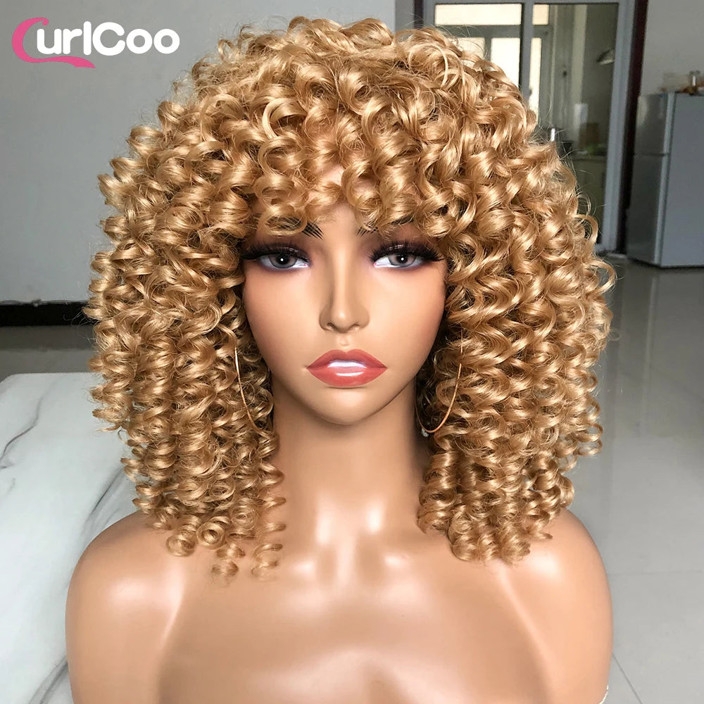 HAIR WIG ~ SHORT AFRO KINKY CURLY WIG WITH BANGS ~ SYNTHETIC OMBRE GLUELESS