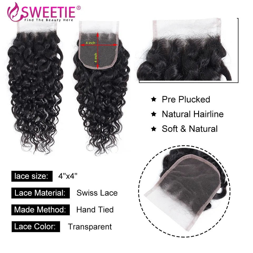 HAIR CLOSURE ~ 13X4 WATER WAVE LACE CLOSURE 100% HUMAN HAIR WATER WAVE CLOSURE WITH BABY HAIR BRAZILIAN REMY HUMAN HAIR