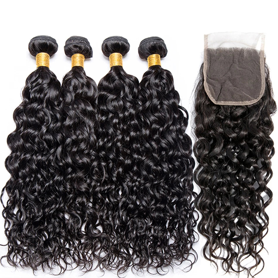 HAIR BUNDLES ~ PERUVIAN WATER WAVE BUNDLES WITH CLOSURE CURLY 3 BUNDLES WITH CLOSURE LONG WET AND WAVY HUMAN HAIR BUNDLES WITH CLOSURE