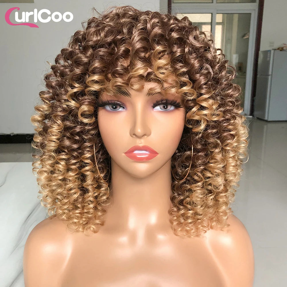 HAIR WIG ~ SHORT AFRO KINKY CURLY WIG WITH BANGS ~ SYNTHETIC OMBRE GLUELESS