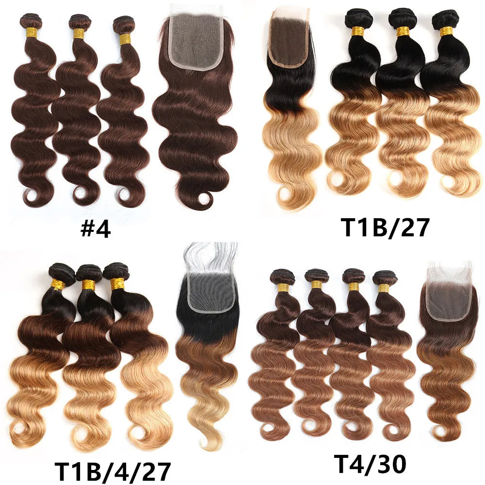 HAIR BUNDLES ~ COLORED BUNDLES WITH HD LACE CLOSURE BODY WAVE BRAZILIAN HUMAN HAIR #T1B/4/127